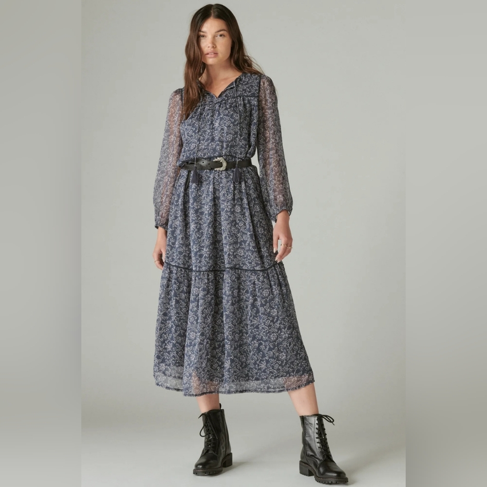 Lucky‎ Brand Long Sleeve Peasant Tiered Maxi Dress Indigo Multi